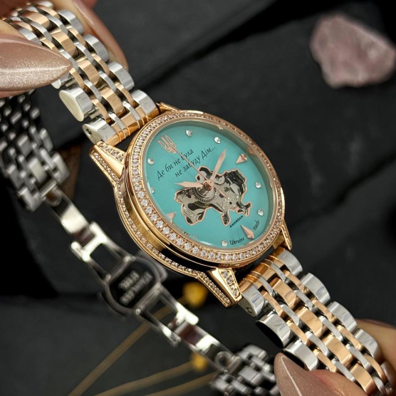 Жіночий механічний годинник Awarder 049 Silver-Gold-Blue з автопідзаводом та бірюзовим циферблатом