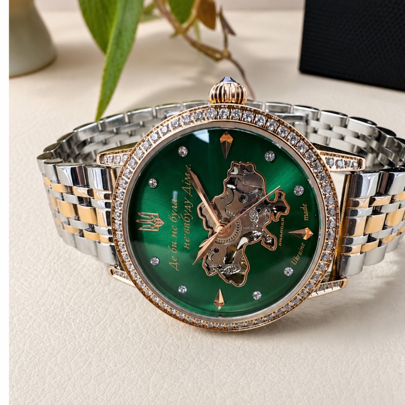 Жіночий механічний годинник Awarder 049 Silver-Gold-Green з автопідзаводом та зеленим циферблатом