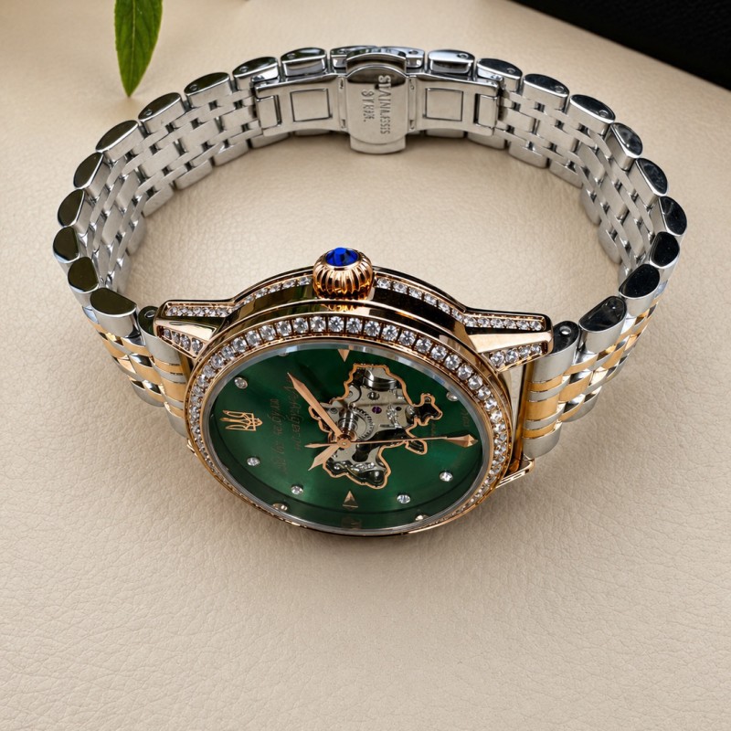 Жіночий механічний годинник Awarder 049 Silver-Gold-Green з автопідзаводом та зеленим циферблатом