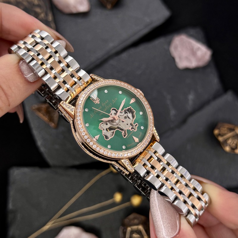 Жіночий механічний годинник Awarder 049 Silver-Gold-Green з автопідзаводом та зеленим циферблатом