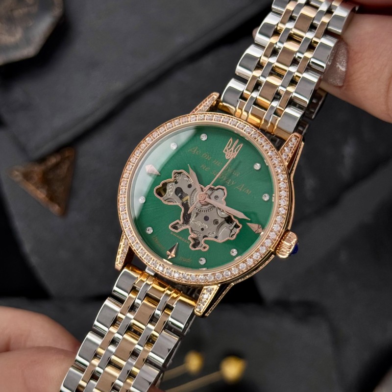 Жіночий механічний годинник Awarder 049 Silver-Gold-Green з автопідзаводом та зеленим циферблатом