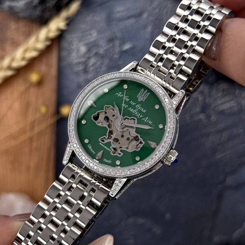 Женские механические часы Awarder 049 Silver-Green с автоподзаводом и минеральным стеклом