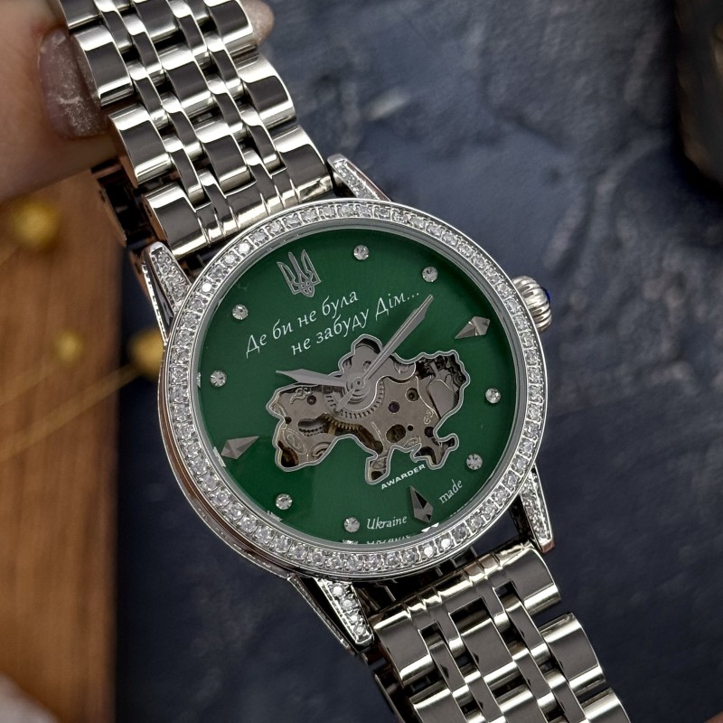 Женские механические часы Awarder 049 Silver-Green с автоподзаводом и минеральным стеклом
