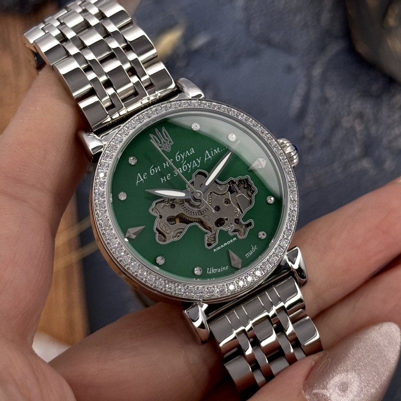 Женские механические часы Awarder 047 Silver-Green с автоподзаводом и зеленым циферблатом