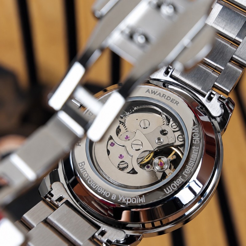 Мужские механические часы Awarder 022 Automatic Не Забуду Дім Silver-Black Steel с автоподзаводом