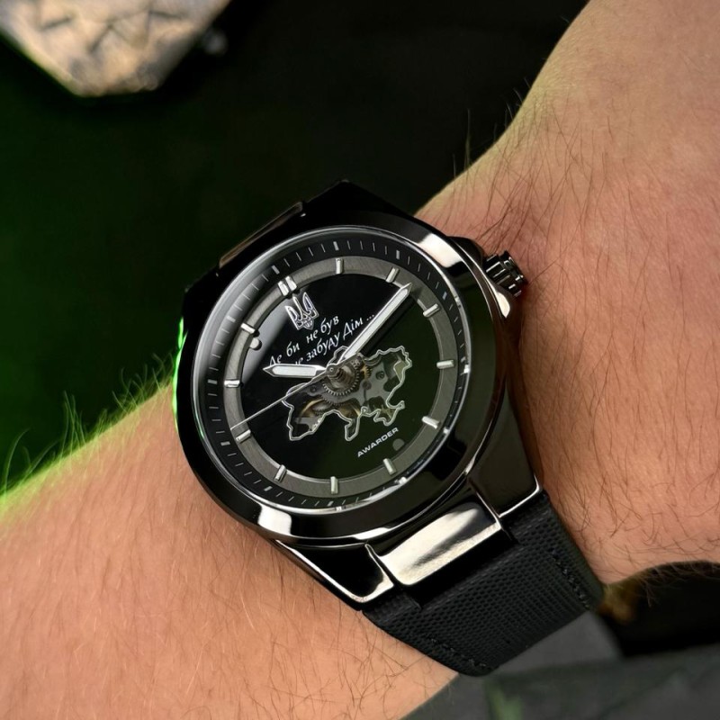 Мужские механические часы Awarder 050 Де би не був All Black с автоподзаводом и кожаным ремешком