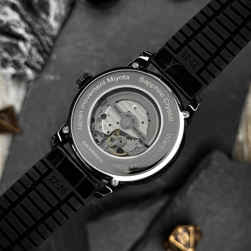 Мужские часы Awarder 043-1 Де би не був All Black Leather Miyota с сапфировым стеклом и автоподзаводом