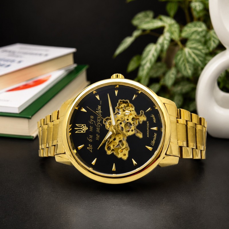 Мужские часы Awarder 048 Не Забуду Дім Gold-Black Steel с механикой и сапфировым стеклом