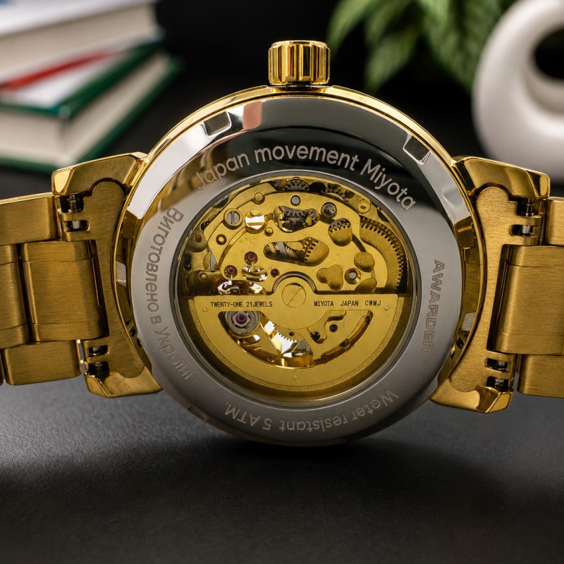 Мужские часы Awarder 048 Не Забуду Дім Gold-Black Steel с механикой и сапфировым стеклом