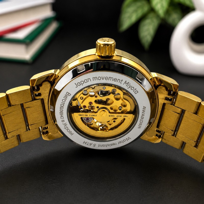 Мужские часы Awarder 048 Не Забуду Дім Gold-Black Steel с механикой и сапфировым стеклом