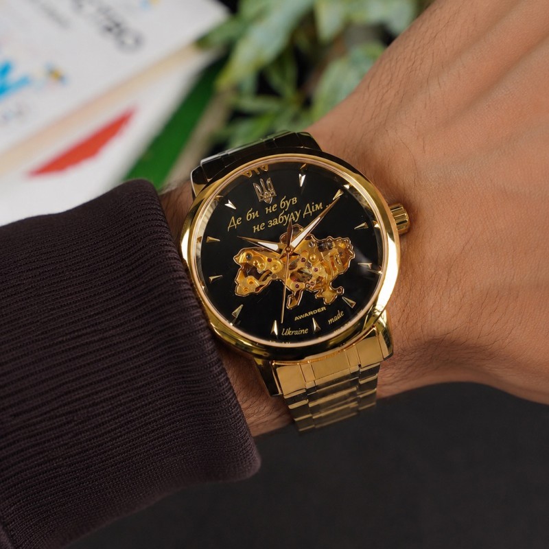 Мужские часы Awarder 048 Не Забуду Дім Gold-Black Steel с механикой и сапфировым стеклом