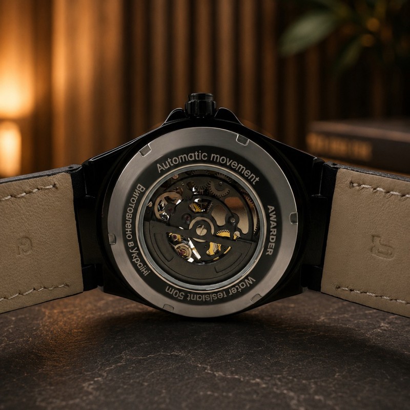 Мужские механические часы Awarder 050 Де би не був All Black Leather с автоподзаводом и кожаным ремешком