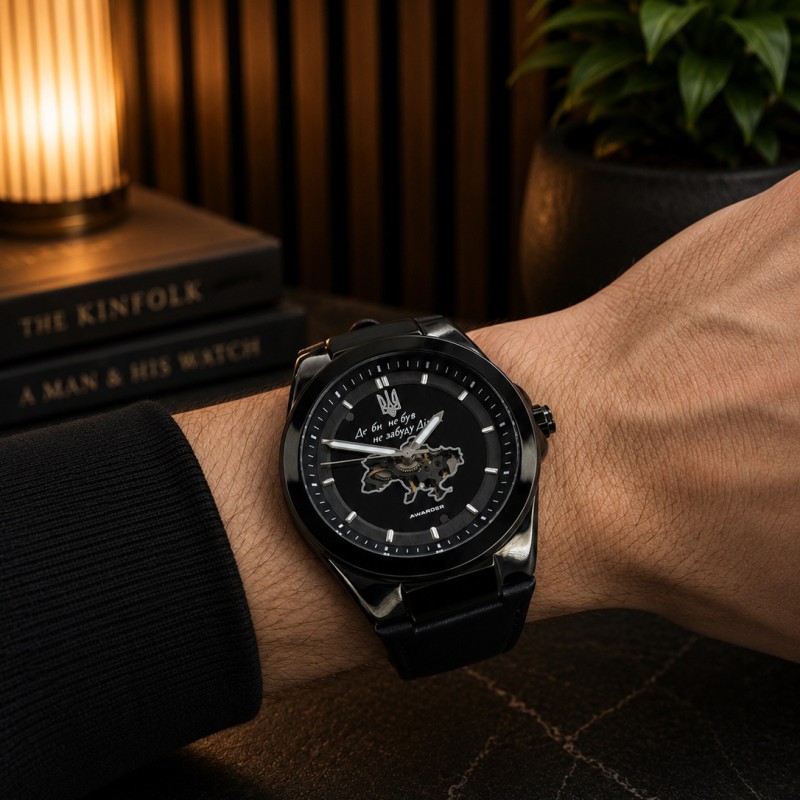 Мужские механические часы Awarder 050 Де би не був All Black Leather с автоподзаводом и кожаным ремешком