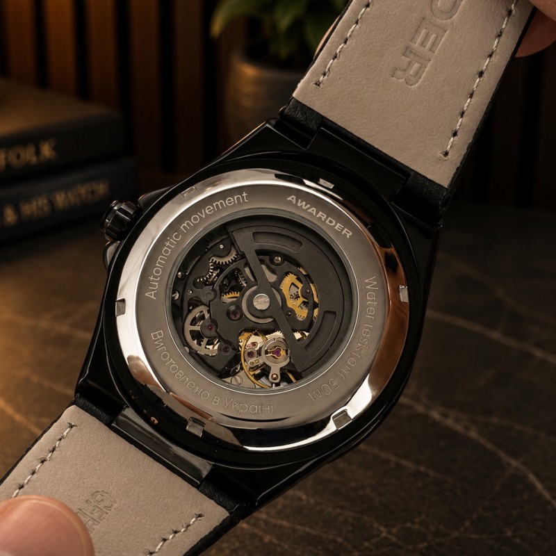 Мужские механические часы Awarder 050 Де би не був All Black Leather с автоподзаводом и кожаным ремешком