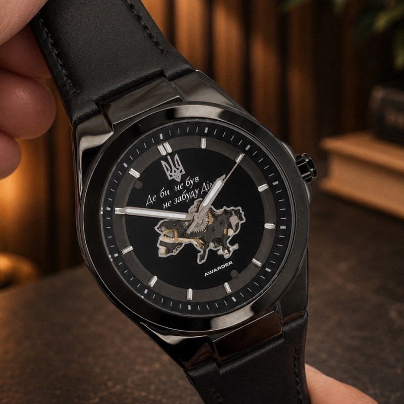 Мужские механические часы Awarder 050 Де би не був All Black Leather с автоподзаводом и кожаным ремешком
