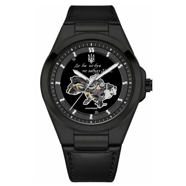 Мужские механические часы Awarder 050 Де би не був All Black Leather с автоподзаводом и кожаным ремешком